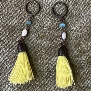 ISABEL MARANT Howlite Earrings with Yellow Tassel, Blue & Ivory Stones, 2" Drop